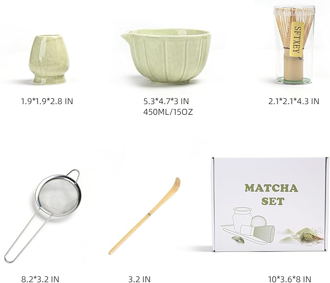 Matcha Whisk Set, Matcha Set Includes Ceramic Matcha Bowl, Bamboo Whisk, Scoop, Chasen Holder, Sifter, 5 Pcs Perfect Matcha Kit for Matcha Lover (Mottled Green)