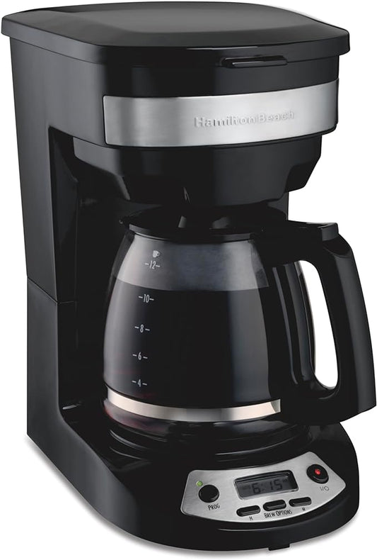 Hamilton Beach 12 Cup Programmable Drip Coffee Maker Machine, Regular & Bold Brew Options, Auto Pause and Pour, Glass Carafe, Black with Stainless Accents (46299J)