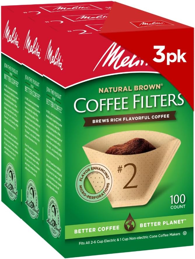 Melitta #2 Cone Coffee Filters, Natural Brown, 100 Count (Pack Of 3), 300 Total Filters - Fits all 2-6 Cup Cone Coffee Makers and 1-cup Pour-Over Brewers, Compostable, Tear-Resistant, Made in USA