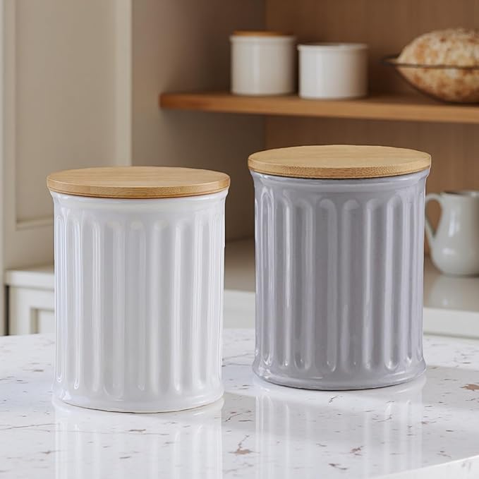 Ceramic Jar with Lid, Airtight 34oz Food Storage Canister for Coffee, Sugar, Tea, Spice, Flour, Decorative Countertop Container, Coffee Canister Sugar Container (White-Stripes)