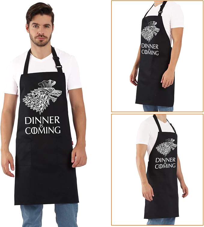 Grill Aprons for Men Women, Dinner is Coming Kitchen Chef Apron with 2 Pockets and 40" Long Ties, Adjustable Bib Apron for Cooking, BBQ, Baking, Gardening, Black - Image 8