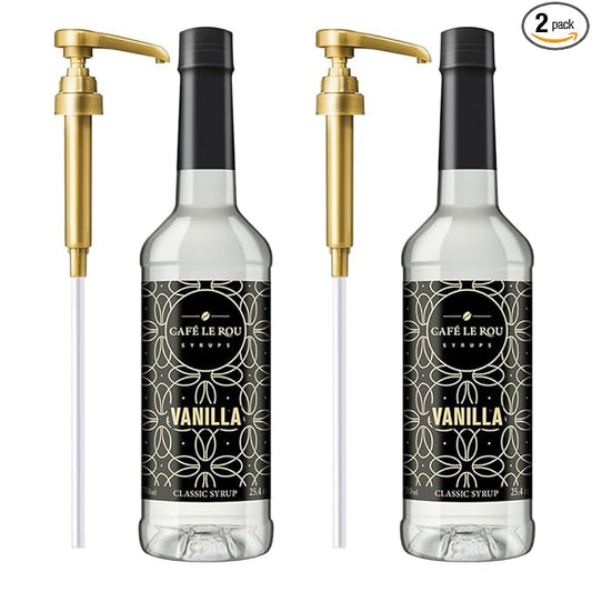 NEW Café Le Rou Vanilla Coffee Syrup - 25.4oz Cafe Flavoring Syrup (Vanilla, 2-pack) Includes 2 Coffee Syrup Dispensers Flavoring Syrup for Coffee, Tea and