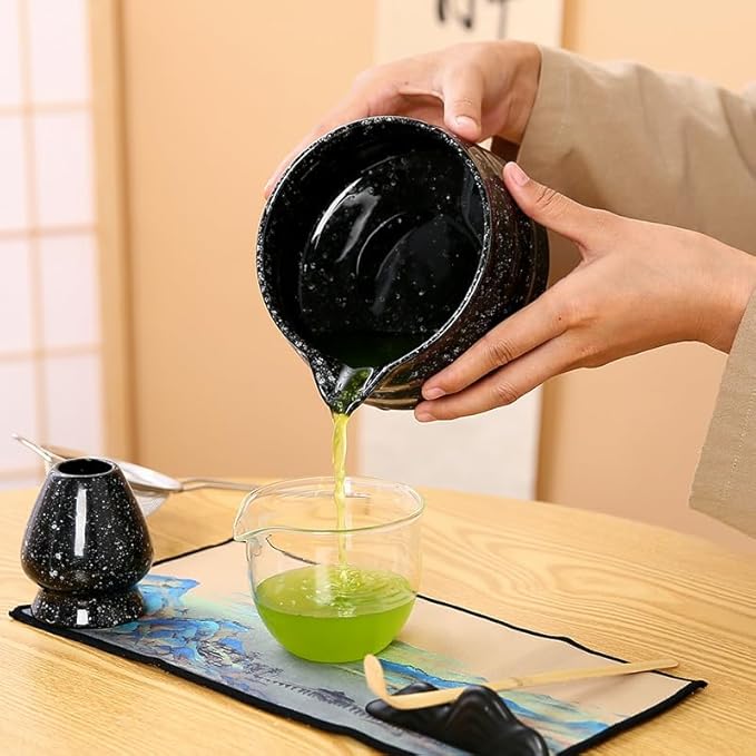 Matcha Set Matcha Whisk Matcha Bowl With Water Ladle Matcha Whisk Holder Tea Making Kit.Japanese Tea Set(7pcs)+1Spoon，Celadon Blue gift set… (Black spots)