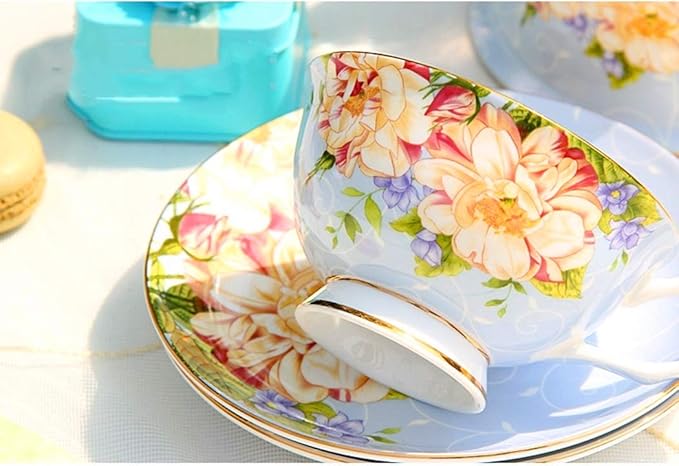 Vintage Ceramic Teacup, Elegant Coffee Cup with Spoon and Saucer Set, Fine Royal Bone China Tea Cups (Blue)
