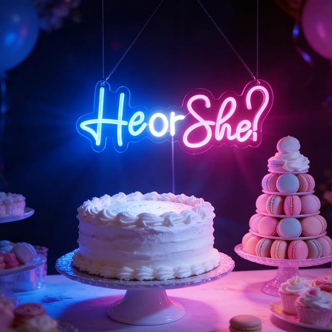 He or She Neon Signs Led Gender Reveal Party Decorations Neon Letters Signs Pregnancy Announcement Party Supplies Baby Shower Yard Signs(Pink-blue) - Image 2