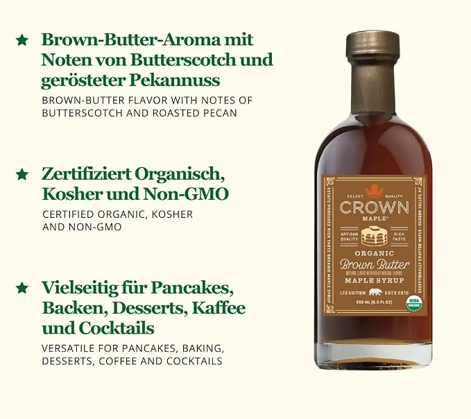 Crown Maple Certified Organic Brown Butter Flavor Maple Syrup, Gluten Free, No Preservatives, Non-GMO Pancakes, Waffles, and French toast Breakfast Topping, 8.5 Fl Oz (Pack of 1) - Image 6