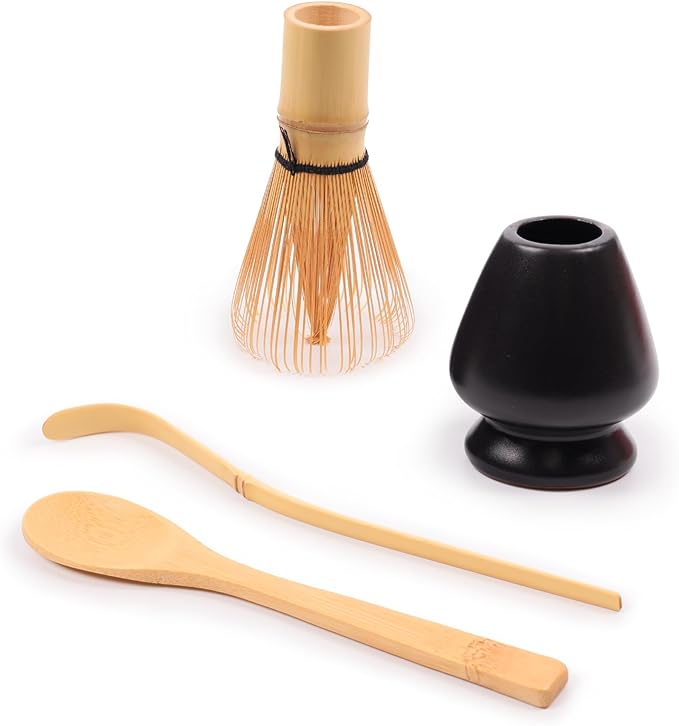 BambooMN Matcha Green Tea Whisk And Scoop 4 Piece Set - Black Holder - 1 Set