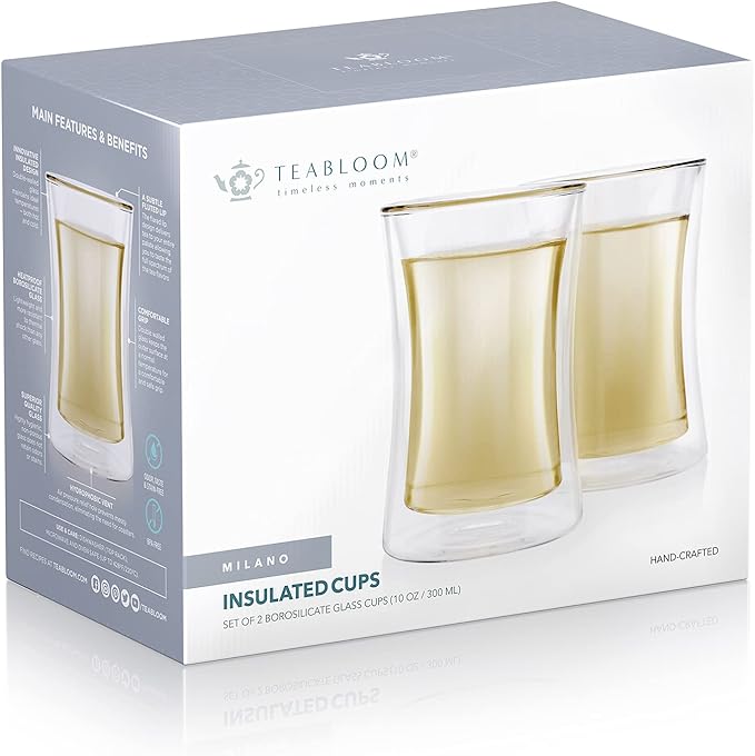 Teabloom Modern Insulated Tasting Glass Cups - Set of 2 Double Walled Glasses (10 oz / 300 ml) - Milano Collection