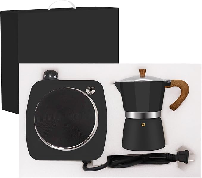 2-in-1 Aluminum Moka Pot Set with Electric Stove Classic Stovetop Espresso Coffee Maker 150ml 5oz Mocha Express Portable Camping Travel Preferred Cafe Makers Italian Cuban Café Brewing 3 Cup