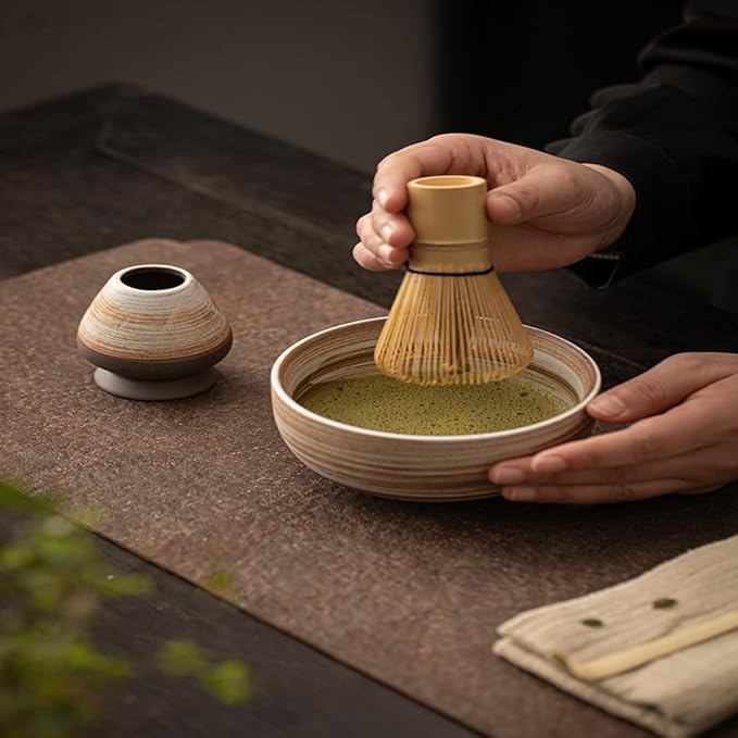 Japanese Matcha Tea Set, Bamboo Whisk (Chasen) + Matcha Scoop (Chashaku)+Ceramic Whisk Holder,fit for Japanese Tea Matcha Tea,Matcha Latte Accessories (H)