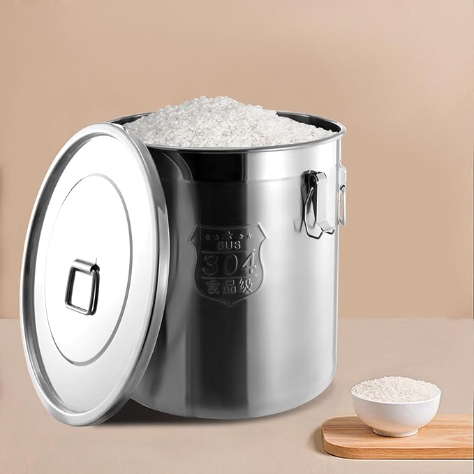 304 Stainless Steel Airtight Canister, Kitchen Metal Food Storage Canisters w/Airtight Lid & Locking Clamp, Cereal Container for Rice Flour Milk Coffee Bean, Silver (48L)