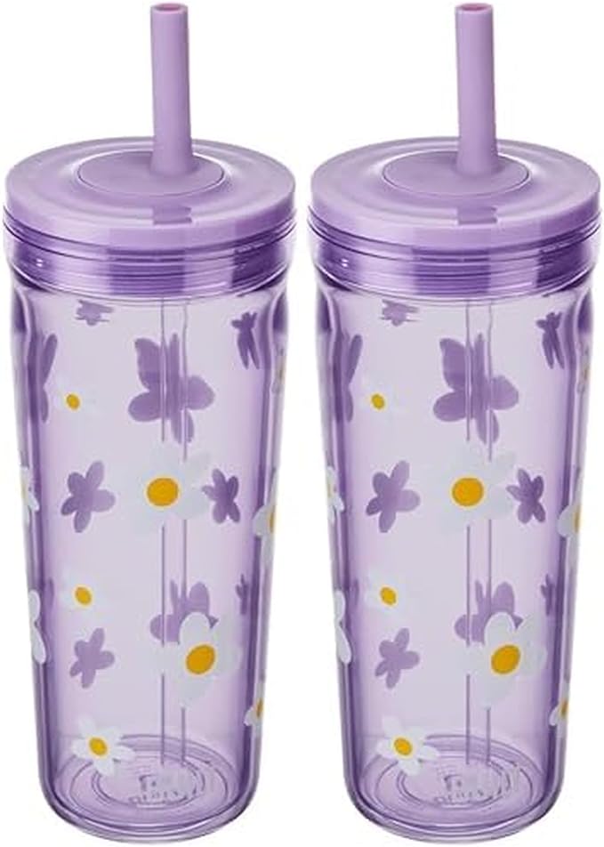 Built 20 Fluid Ounce Acrylic Straw Seal Bedford Tumbler, Leakproof, Wild Lavender Daisy (Pack of 2)