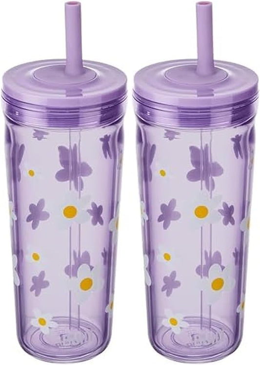 Built 20 Fluid Ounce Acrylic Straw Seal Bedford Tumbler, Leakproof, Wild Lavender Daisy (Pack of 2)