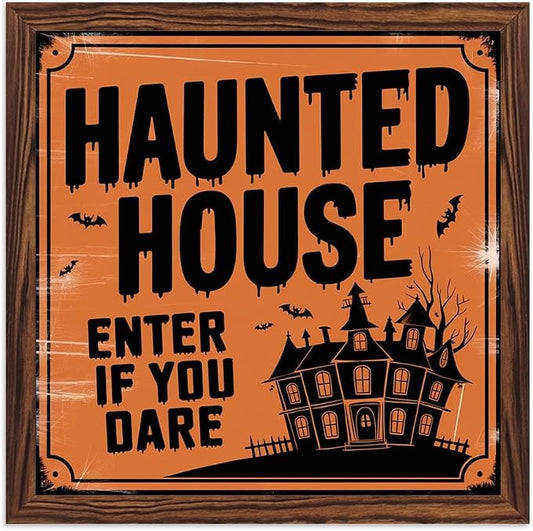 Vintage Halloween Haunted House Enter If You Dare Wooden Sign 7.87x7.87 Inch, Halloween Wall Art Wooden Sign For Porch, Bathroom, Cafe, Bar, Office Hanging Decor by Nwijvsn