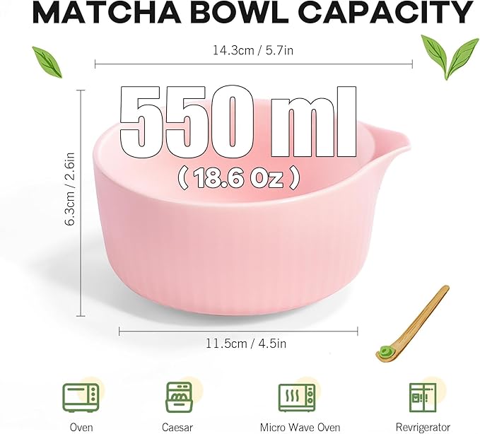 Pink Traditional Matcha Set Whisk and Bowl, 8 Pcs Matcha Making Kit Includes Ceramic Bowl with Spout, Bamboo Whisk, Holder, Scoop, Sifter, Tea Towel Cloth and Mat-Ceremonial Matcha Starter Kit Gift