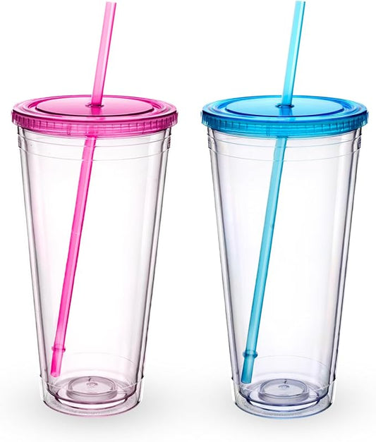 Zukro Clear Acrylic Tumbler with Straw and Lid 32 oz, Double Walled Insulated Reusable Plastic Iced Coffee Cup, To Go Cup Perfect for Parties, Birthdays, Fit in Cupholder, BPA Free, Red & Blue 2 Pack
