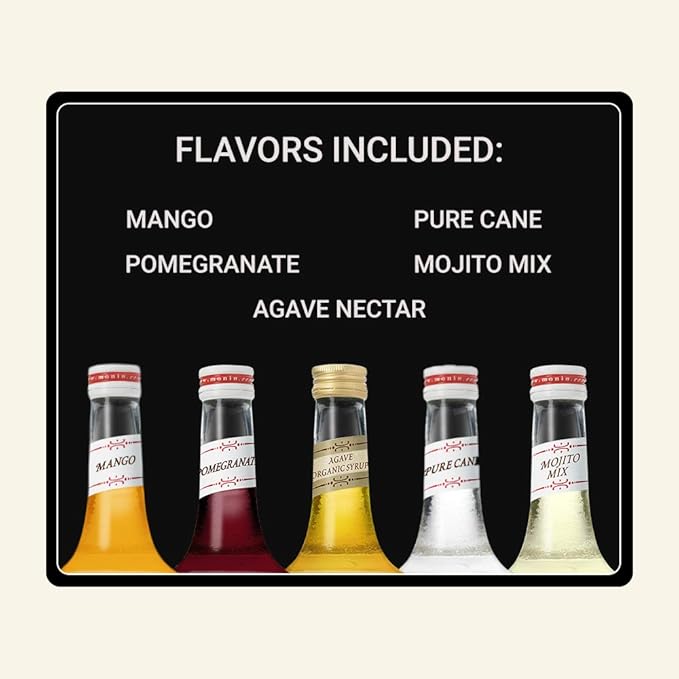 Monin - 5 Flavor Classic Cocktail Collection: Pomegranate, Mojito, Agave Nectar, Mango, and Pure Cane Syrups, Great for Classic Happy Hour Cocktails, Non-GMO, Gluten-Free (50 ml per bottle)