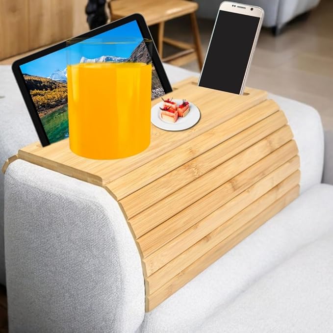 Bamboo Sofa Arm Tray, Couch Armrest Tray - Natural Bamboo Design Couch Armrest Table Caddy for Snacks, Drinks, Remote, Cups | Flexible & Foldable (Natural Bamboo)