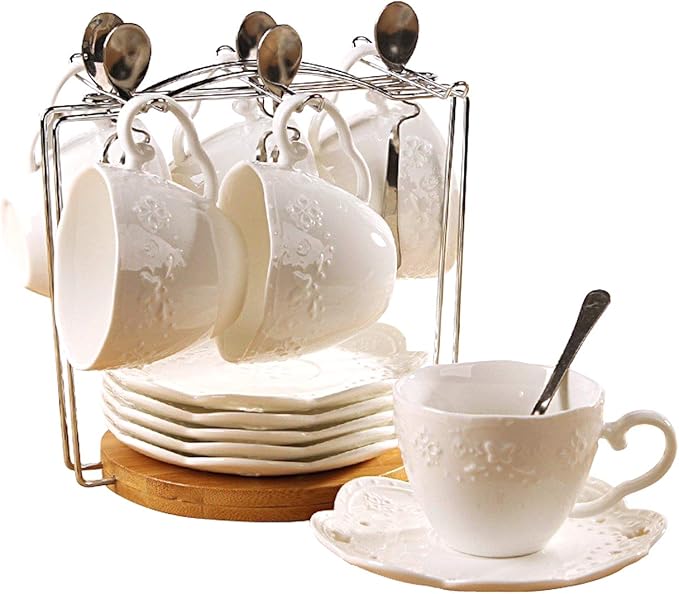 Jusalpha® White Porcelain 5OZ- Tea Cup and Saucer Coffee Cup Set with Saucer and Spoon, Set of 6 (6 Tea Cup Set With Bracket)