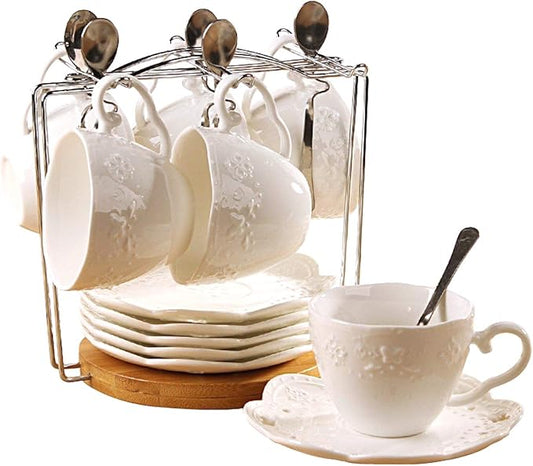 Jusalpha® White Porcelain 5OZ- Tea Cup and Saucer Coffee Cup Set with Saucer and Spoon, Set of 6 (6 Tea Cup Set With Bracket)