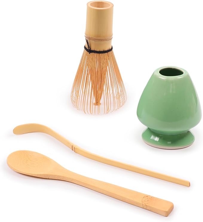BambooMN Matcha Green Tea Whisk And Scoop 4 Piece Set - Soft Light Green Holder - 1 Set