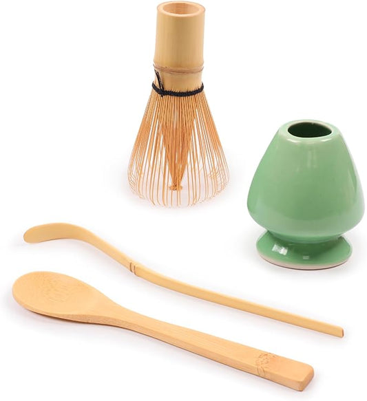 BambooMN Matcha Green Tea Whisk And Scoop 4 Piece Set - Soft Light Green Holder - 1 Set