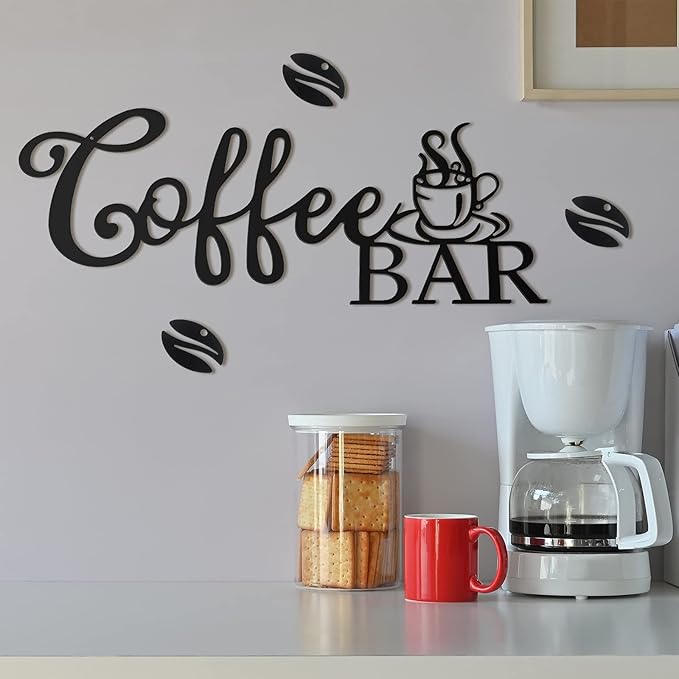 Coffee Bar Sign - Rustic Metal Hanging Decor for Home Office Kitchen (Coffee Bar and Bean Style)