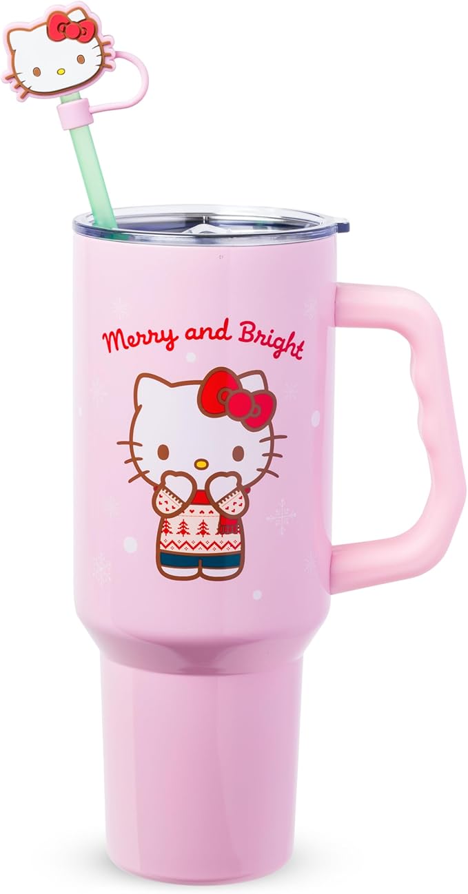 Silver Buffalo Sanrio Hello Kitty Christmas Holiday Sweater Merry and Bright Double Walled Stainless Steel Tumbler with Handle, Straw, and Straw Cap, Fits in Standard Cup Holder, 40 Ounces