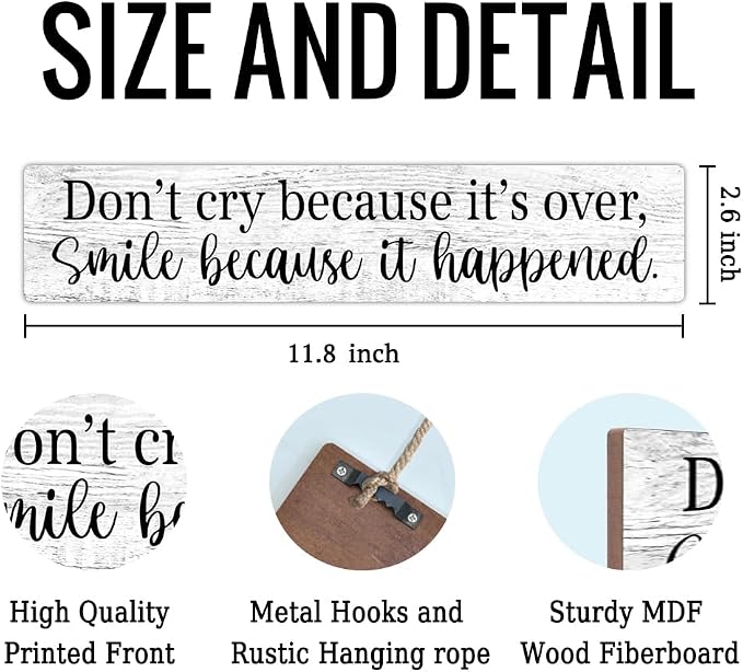 AGMDESIGN Don't Cry Because It Is Over Smile Because It Happened Wood Sign with Uplifting Quote, Inspirational Wall Decor for Graduation Retirement Gifts, Dorm Bedroom Home Office Wood Hanging Plaque - Image 2