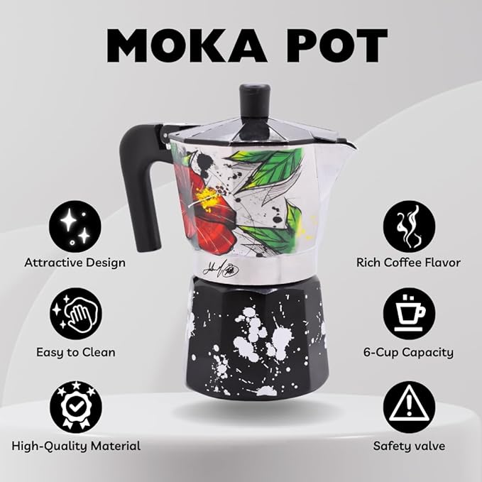 Puerto Rico Greca de Cafe Gift Set | Boricua Art by Joshua Montes Stovetop Coffee pot & Moka Pot with Authentic Café El Coqui and a Wooden Spoon | Cafetera | El Coqui, 6 Espresso Cups