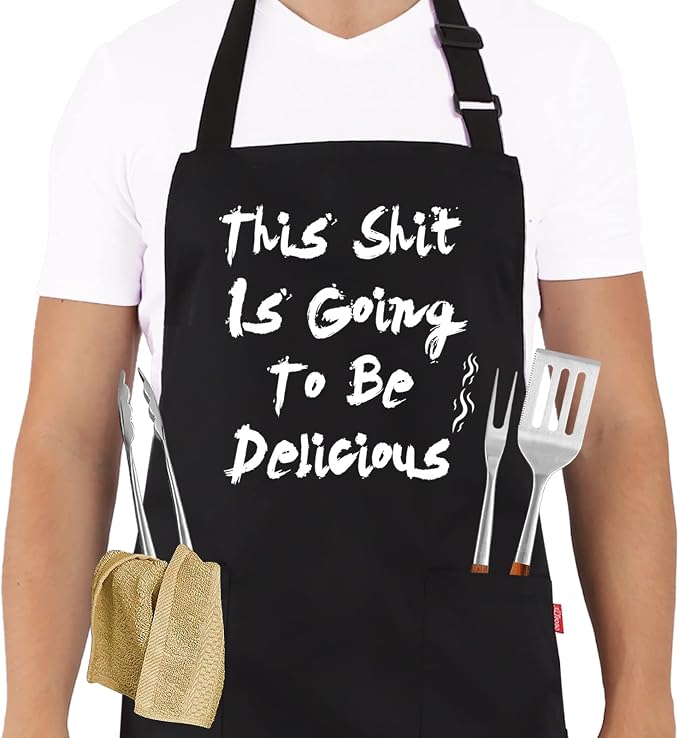 BBQ Funny Apron for Men, Chef Bib Apron with 2 Pockets, Adjustable Neck Strap and 40" Long Ties - Best for Kitchen Cooking, Grilling, Baking, Gardening - Black by ALIPOBO