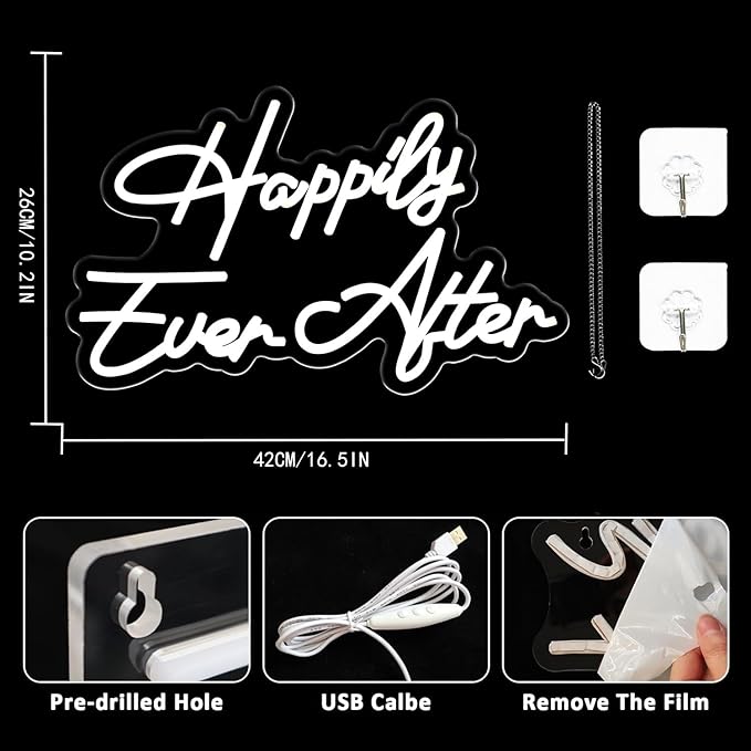 Happily Ever After Neon Sign for Wall Decor, Wedding Neon Lights Sign Dimmable USB Powered LED Sign for Bedroom Home Bar Wall Decor Anniversary Valentine's Celebrations Wedding Party