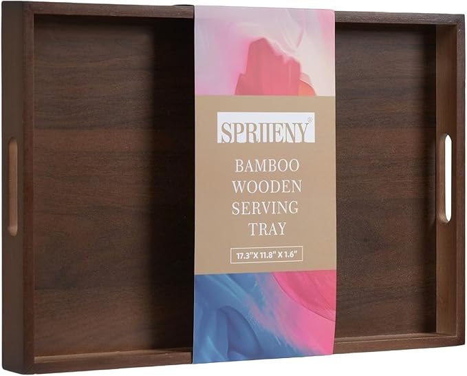 17.3‘’x11.8''x1.57''Large Bamboo Wooden Tray with Handles, Rectangular Natural Solid Wood, Walnut Brown Color Serving Tray.Suitable for Kitchen,Bedroom,Breakfast,Coffee,Decorative,Party Bars.