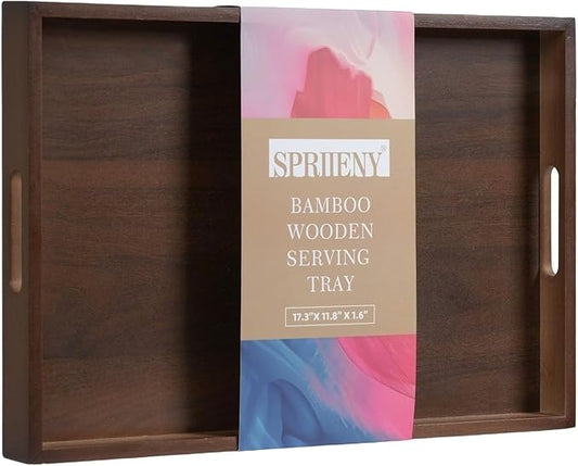 17.3‘’x11.8''x1.57''Large Bamboo Wooden Tray with Handles, Rectangular Natural Solid Wood, Walnut Brown Color Serving Tray.Suitable for Kitchen,Bedroom,Breakfast,Coffee,Decorative,Party Bars.