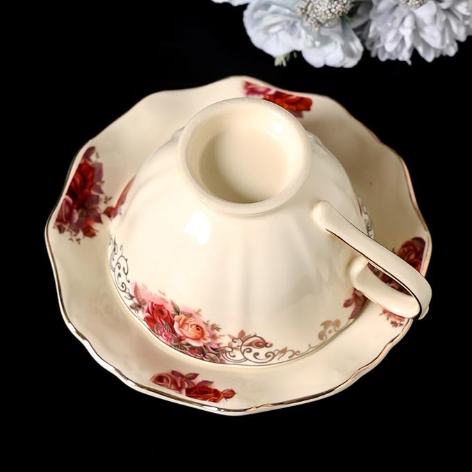 8 oz Vintage flower Ceramic cup and 6" saucer set with Brand customized stainless steel spoon Gifts for Afternoon Tea Coffee Hour (B)