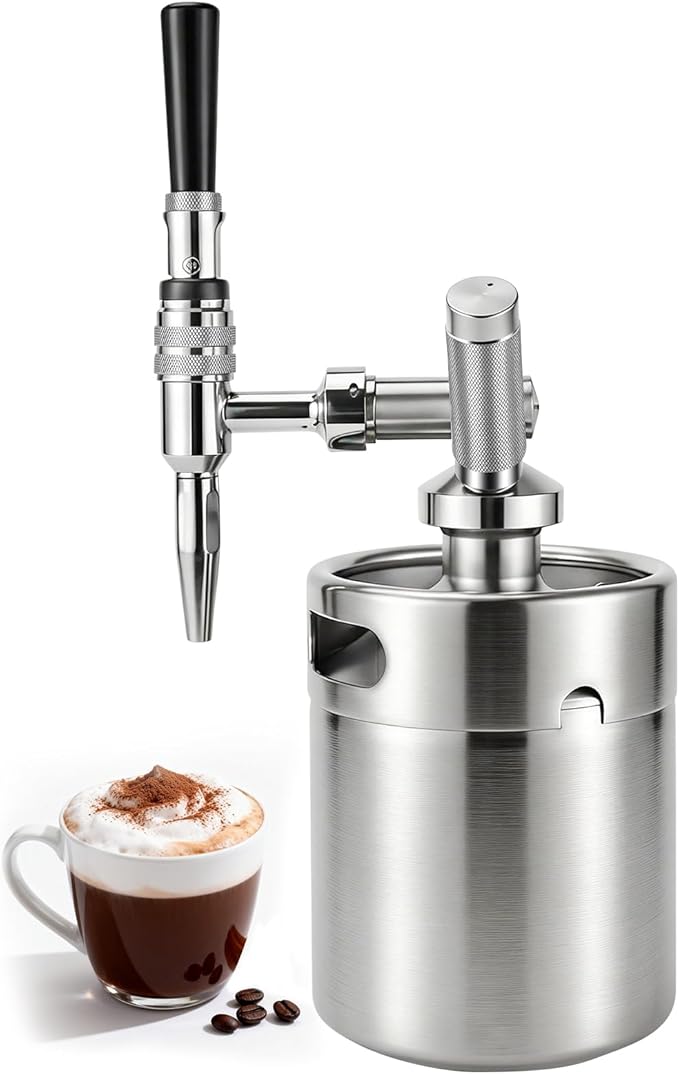 Nitro Cold Brew Coffee Maker, 64oz SS Mini Keg Cold Brew Maker, Nitro Coffee Machine System with Pressure Relief Valve & Stout Creamer Faucet Nitro Keg Coffee Growler Gift for Coffee Lovers