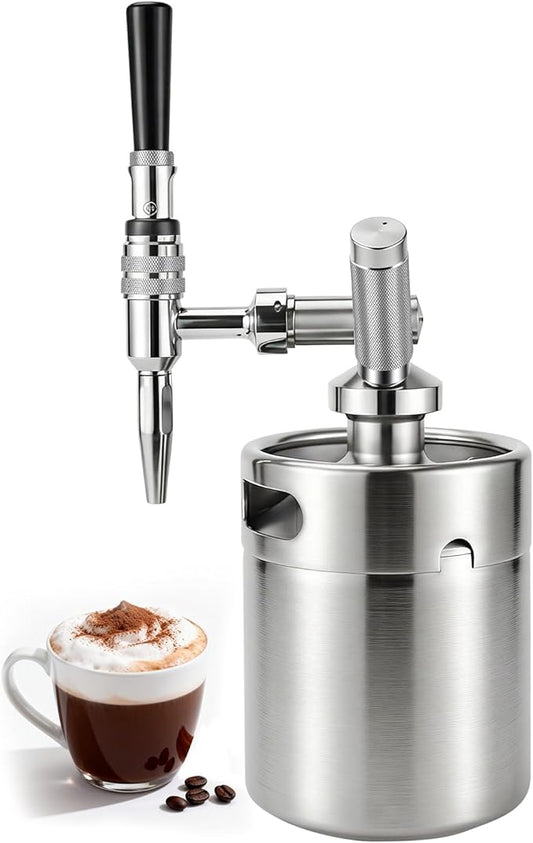 Nitro Cold Brew Coffee Maker, 64oz SS Mini Keg Cold Brew Maker, Nitro Coffee Machine System with Pressure Relief Valve & Stout Creamer Faucet Nitro Keg Coffee Growler Gift for Coffee Lovers