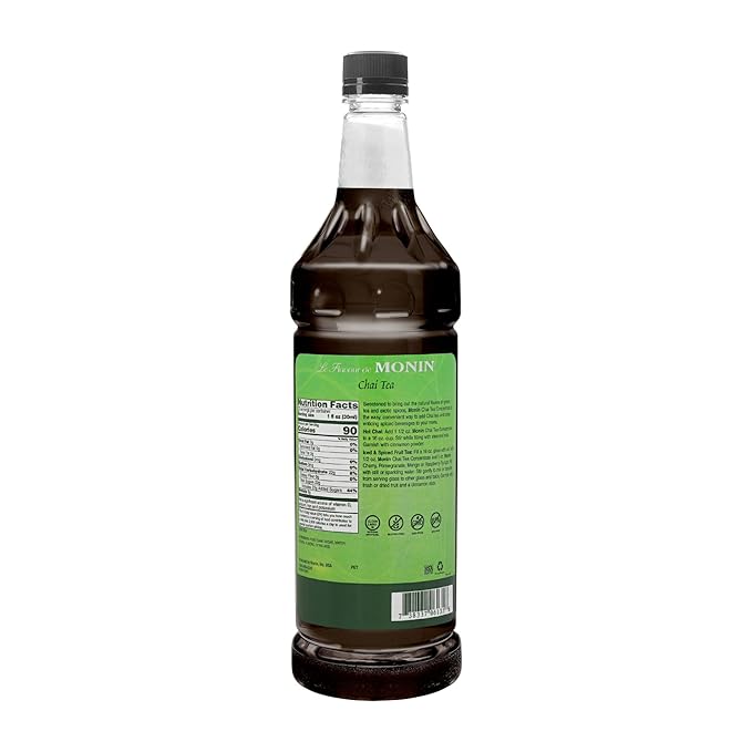 Monin - Chai Tea Concentrate, Spiced Green Tea Flavor, Natural Flavors, Great for Spiced Chai Teas, Coffee Drinks, Dessert Cocktails, and Other Culinary Creations, Non-GMO, Gluten-Free (1 Liter)