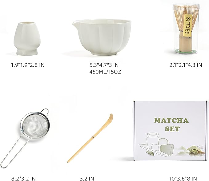 Matcha Whisk Set, Matcha Set Includes Ceramic Matcha Bowl, Bamboo Whisk, Scoop, Chasen Holder, Sifter, 5 Pcs Perfect Matcha Kit for Matcha Lover (Pearl White)