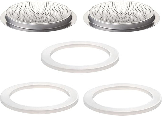 2Pcs Filter with 3Pcs Silicone Gasket Seals for 2 Cup Stovetop Espresso Coffee Maker Replacement Parts for Big Tummy and Straight Stainless Steel Moka Pot