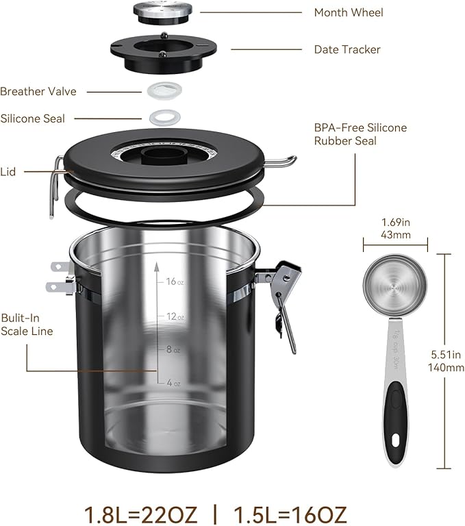 Coffee Canister with Window, 22oz Stainless Steel Airtight Container for Coffee Beans, Grounds, Tea, Sugar, Flour, Cereal - Includes Date Tracker & Scoop