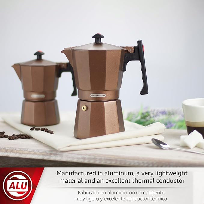 Magefesa Colombia Brown Stovetop Espresso Moka Pot, 6-Cup/10 oz, Italian Coffee Maker for Cuban Coffee, Extra-Thick Aluminum, Heat-Resistant Handle, Safe & Easy-to-Use, Greca Coffee Maker