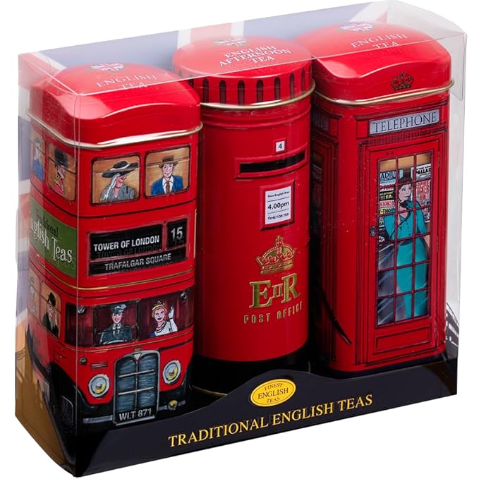 New English Teas British Souvenir 3x Tea Tins with 42 English Breakfast Teabags - Post Box, London Bus, Telephone Box, UK Foods