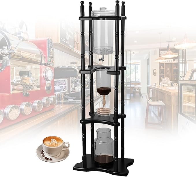 Cold Drip Coffee Maker, 2.5L Large Capacity Cold Brew Coffee Tower, Slow Drip Japanese Cold Brew Maker, with Wood Straight Frame, for Home, Coffee Shop (Black)