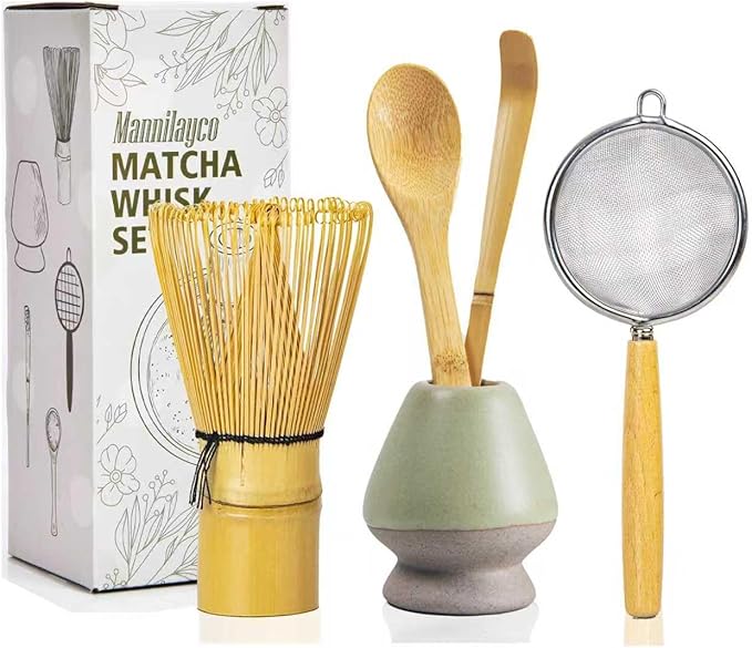 Matcha Whisk Set 5pcs – Bamboo Chasen with Holder, Chashaku Scoop, Spoon, Fine Mesh Sifter – Traditional Japanese Tea Tools for Tea Ceremony, Matcha Making Kit for Tea Lovers（Green)