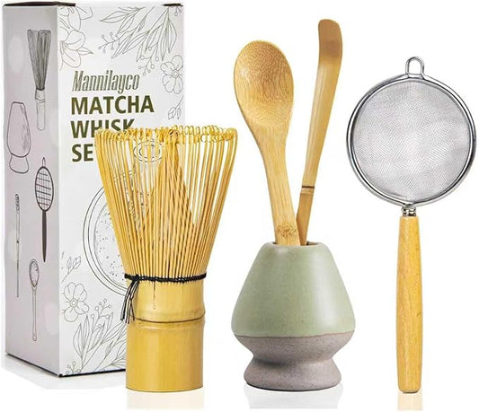 Matcha Whisk Set 5pcs – Bamboo Chasen with Holder, Chashaku Scoop, Spoon, Fine Mesh Sifter – Traditional Japanese Tea Tools for Tea Ceremony, Matcha Making Kit for Tea Lovers（Green)