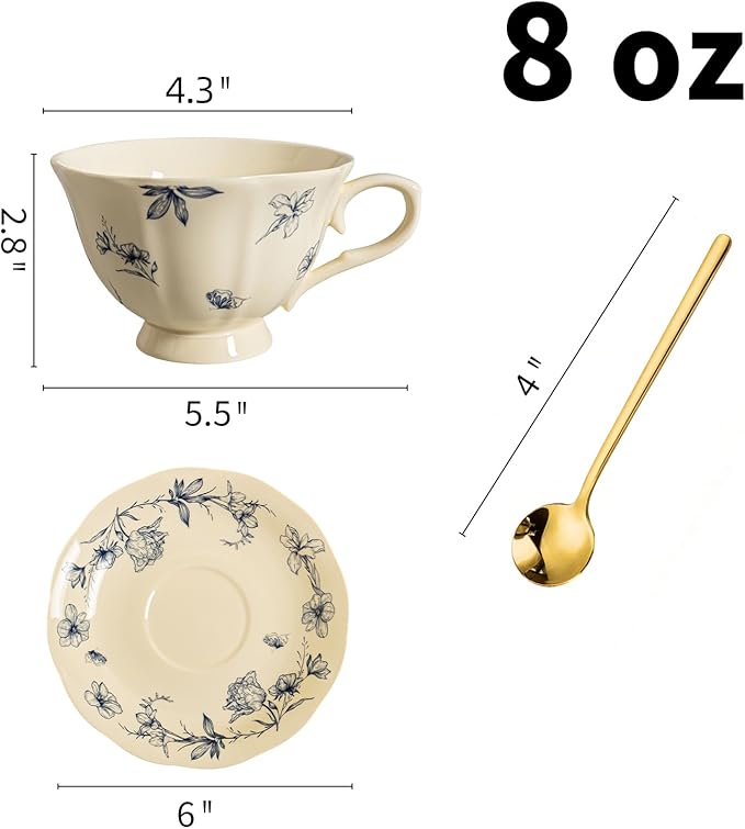 Vintage Porcelain Tea Cup and Saucer Set for 1, 8 oz Cappuccino Cup with Golden Spoon, Small Cream Blue Floral Latte Art Cup, Happy Birthday Gifts
