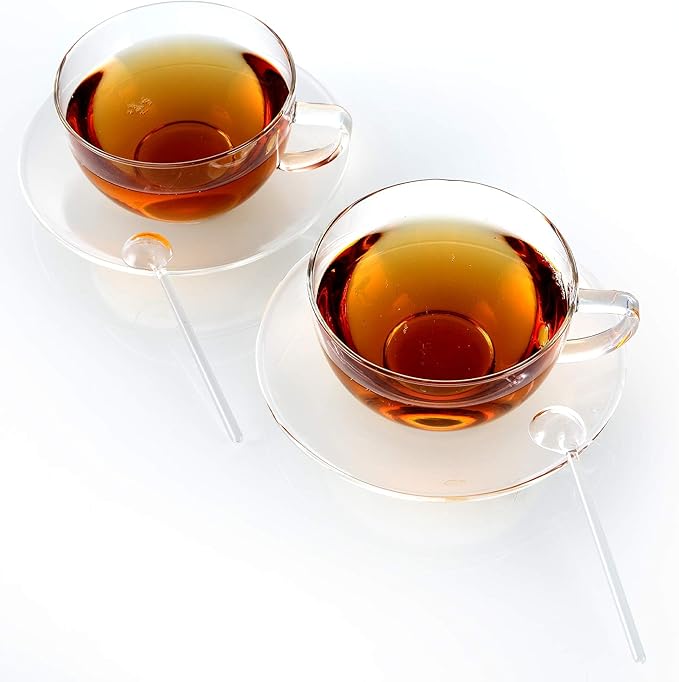 Teabloom Kyoto Teacup and Saucer Set 2-Pack – Large Size – 12 OZ/ 350 ML Capacity – Crystal Clear Design –– Premium Borosilicate Glass – Heat Resistant, Microwave Safe – Glass Mug Set