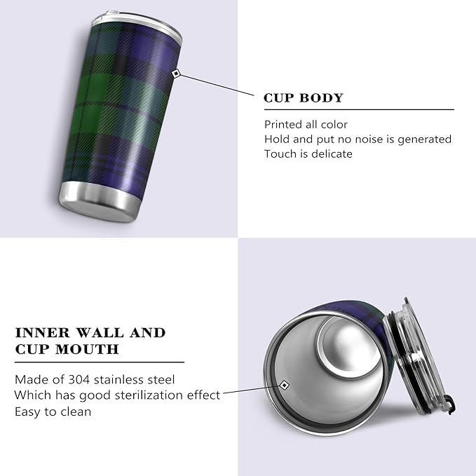 Tumbler Tartan Plaid Green Blue Insulated Coffee Cup Beverage Container Travel Mug with Straw and Lid Double Wall Stainless Steel 20oz BPA-Free for Sport, Back to School