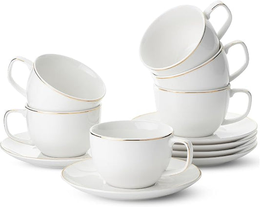 BTaT- Cappuccino Cups with Saucers 6 oz, Set of 6, White Porcelain Coffee Cup and Saucer Set for Latte with Golden Trim Design, Dishwasher Safe, Mocha, Tea, Au Lait, Flat White